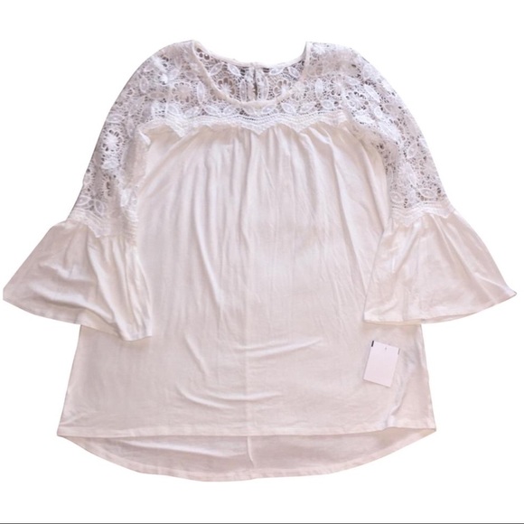 KATE & MALLORY Knit Top Lace Crochet Bodice Bell Sleeve High Low Hem Loose Fit - Picture 3 of 9